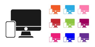 Siyah Bilgisayar monitörü ve cep telefonu simgesi beyaz arkaplanda izole edildi. İnternetten kazanç, pazarlama. Simgeleri renklendirin. Vektör.