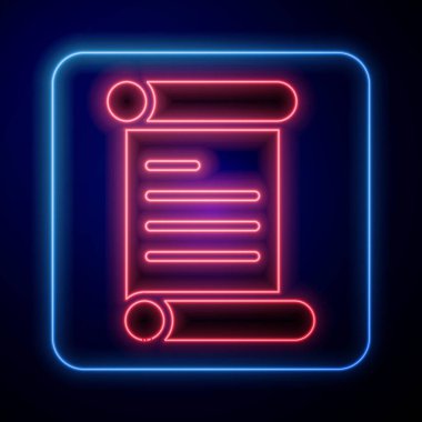 Parlayan neon kararname, kağıt, parşömen, parşömen simgesi siyah arkaplanda izole edilmiş. Vektör.