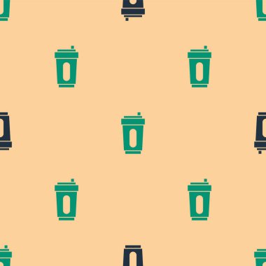 Su ikonlu yeşil ve siyah spor şişesi bej arka planda izole edilmiş pürüzsüz desen. Vektör.