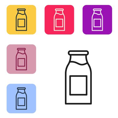 Siyah çizgi, beyaz arka planda izole edilmiş sütlü cam şişe. Renkli kare düğmelerle simgeleri ayarla. Vektör İllüstrasyonu.