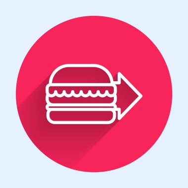 İnternetten sipariş veren beyaz çizgi ve uzun gölgeli hamburger teslimatı ikonu. Kırmızı daire düğmesi. Vektör İllüstrasyonu.