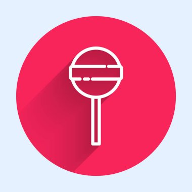 Beyaz çizgi lolipop ikonu uzun gölgeli izole edilmiş. Yemek, lezzetli bir sembol. Mutlu Cadılar Bayramı Partisi. Kırmızı daire düğmesi. Vektör.