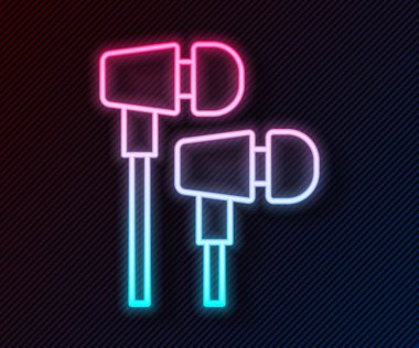 Parlayan neon hattı hava kulaklığı simgesi siyah arkaplanda izole edildi. Kulaklıklar için kablosuz cihaz. Elektronik cihazlar. Vektör.