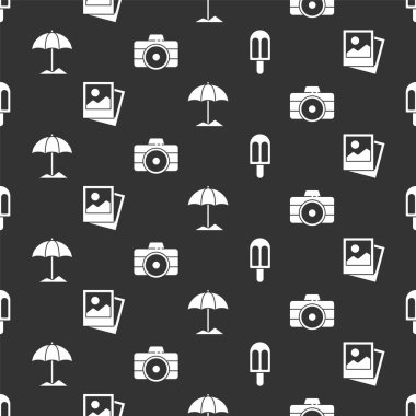 Dondurma, foto, plaj için güneş koruyucu şemsiye ve fotoğraf makinesini kusursuz bir şekilde ayarla. Vektör.