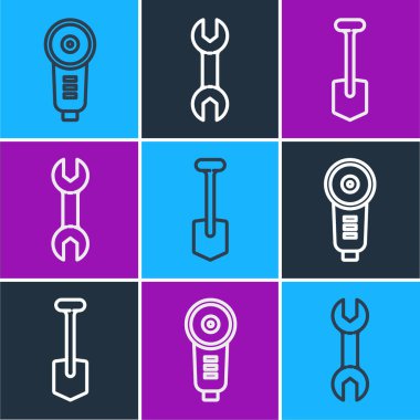 Açılı öğütücü, Kürek ve İngiliz anahtarı simgesini ayarla. Vektör.