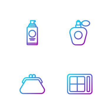 Göz farı paleti, debriyaj çantası, saç spreyi ve parfüm için sprey kutusu ayarla. Renk simgeleri. Vektör.