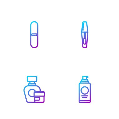 Saç spreyi, krem losyon kozmetik tüpü, tırnak törpüsü ve Mascara fırçası. Renk simgeleri. Vektör.