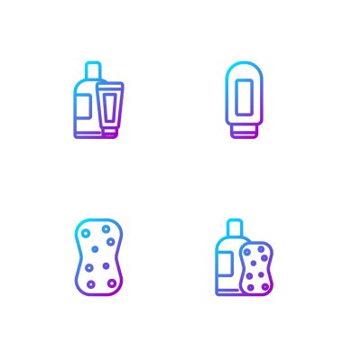 Şampuan ve sünger, köpüklü sünger, krem ya da losyon kozmetik tüpü ve... Renk simgeleri. Vektör.