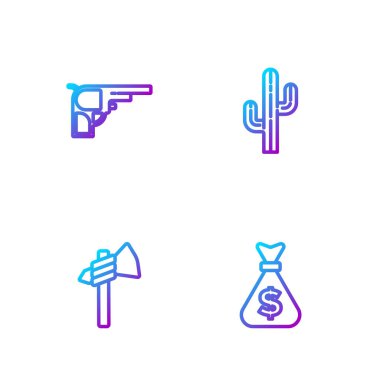 Para çantası, Tomahawk baltası, Revolver silahı ve Kaktüs. Renk simgeleri. Vektör.