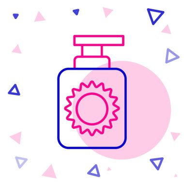 Beyaz arkaplanda izole edilmiş güneş kremi şişesi simgesi. Cilt için güneş ultraviyole ışığından koruma. Renkli taslak konsepti. Vektör İllüstrasyonu.