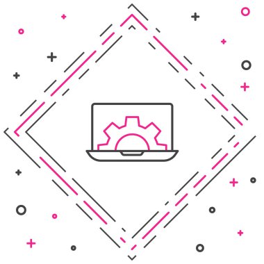 Dizüstü bilgisayar ve dişli simgesi beyaz arkaplanda izole edildi. Uygulama ayarlanıyor, seçenekler ayarlanıyor, bakım, onarım, onarım. Renkli taslak konsepti. Vektör İllüstrasyonu.