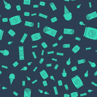 Doner kebabı, waffle külahında dondurma, çikolatalı çikolata ve poşet ya da patates cipsini pürüzsüz kalıpta hazırla. Vektör.