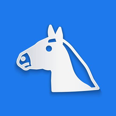 Kağıt kesiği at kafası simgesi mavi arkaplanda izole edilmiş. Hayvan sembolü. Kağıt sanatı tarzı. Vektör.