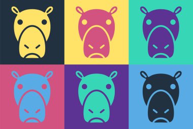 Pop Art Hippo ya da Hippopotam ikonu renk arkaplanında izole edilmiş. Hayvan sembolü. Vektör.