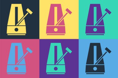 Pop Art Classic Metronome. Renkli arka planda izole edilmiş sarkacın hareket simgesi. Müzik ve ritim mekanizması. Vektör.