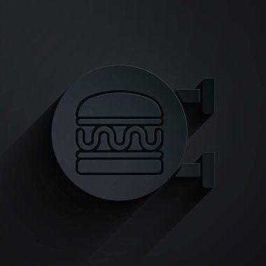 Kağıt kesiği Online sipariş ve hamburger dağıtım ikonu siyah arkaplanda izole. Kağıt sanatı tarzı. Vektör.