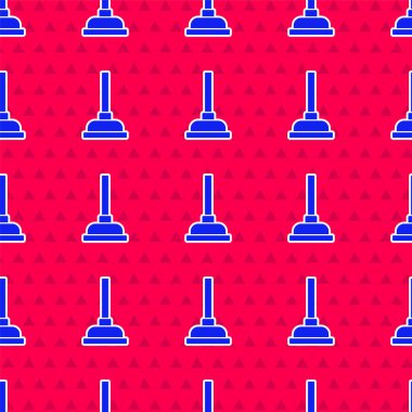 Boru temizleme ikonu için ahşap saplı mavi kauçuk pompa kırmızı arka planda izole edilmiş dikişsiz desen. Tuvalet pompası. Vektör.