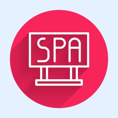 Beyaz çizgi Spa Salonu simgesi uzun gölgeli izole edilmiş. Kırmızı daire düğmesi. Vektör İllüstrasyonu.