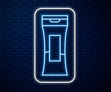 Parlak neon çizgili şampuan şişesi tuğla duvar arkasında izole edilmiş. Vektör İllüstrasyonu.