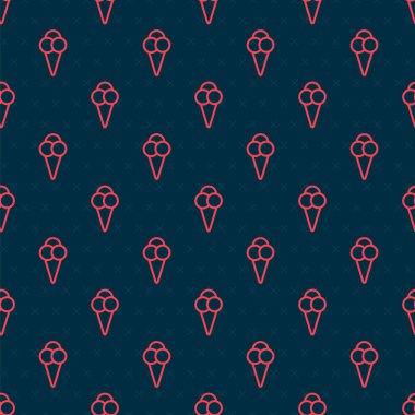 Waffle konisi simgesinde kırmızı çizgi dondurma siyah arkaplanda izole edilmiş kusursuz desen. Güzel sembol. Vektör İllüstrasyonu.