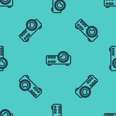 Siyah çizgi sunumu, film, film, medya projektör ikonu yeşil arkaplandaki kusursuz deseni izole etti. Vektör.