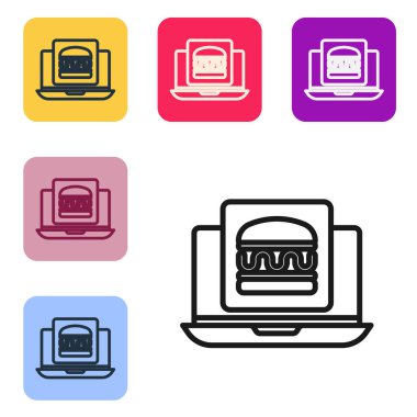 Siyah çizgi çevrimiçi sipariş ve hamburger dağıtım ikonu beyaz arka planda izole edildi. Renkli kare düğmelerle simgeleri ayarla. Vektör.