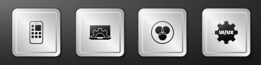 Mobil Uygulamalar, Web Geliştirme, RGB ve CMYK renk karıştırma ve UI UX tasarım simgesi ayarla. Gümüş kare düğme. Vektör.