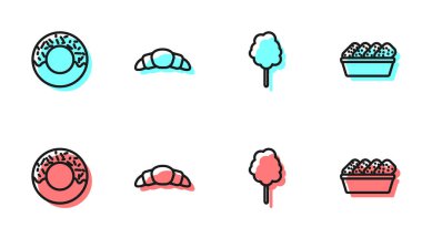 Pamuk helva, çörek, kruvasan ve tavuk külçelerini kutuya koy. Vektör.