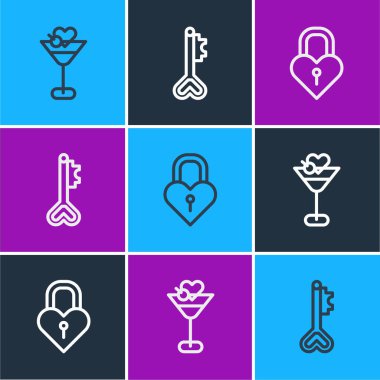 Martini bardağını, Castle 'ı kalp şeklini ve anahtar ikonunu ayarla. Vektör.