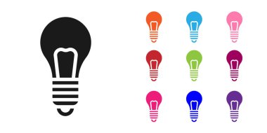 Fikir ikonu kavramına sahip siyah ampul beyaz arkaplanda izole edilmiş. Enerji ve fikir sembolü. İlham konsepti. Simgeleri renklendirin. Vektör İllüstrasyonu.