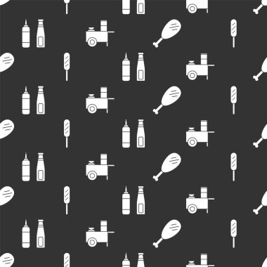 Tavuk budu, mısırlı sosis, sosis şişesi ve Fast Street yemek arabasını kusursuz bir şekilde hazırlayın. Vektör.