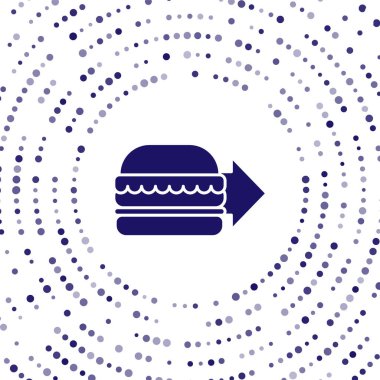 Mavi Çevrimiçi sipariş ve hamburger dağıtım ikonu beyaz arka planda izole edildi. Soyut çember rastgele noktalar. Vektör İllüstrasyonu.