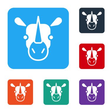 Beyaz gergedan simgesi beyaz arkaplanda izole edildi. Hayvan sembolü. Renkli kare düğmelerle simgeleri ayarla. Vektör.