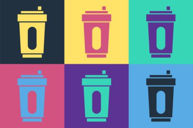 Renkli arka planda su ikonu olan Pop Art Sport şişesi. Vektör.