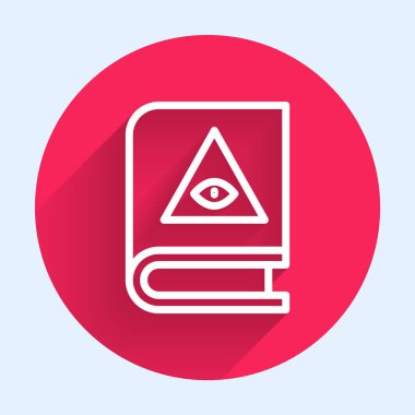 Beyaz çizgi üzerinde simya tarifleri, mistik büyüler ve uzun gölgeli büyü simgeleri olan Eskiler 'in sihirli kitabı. Kırmızı daire düğmesi. Vektör.