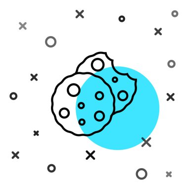 Beyaz arka planda izole edilmiş siyah çizgi Cookie veya çikolata ikonlu bisküvi. Rastgele dinamik şekiller. Vektör.