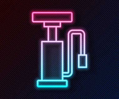 Parlayan neon hat bisiklet hava pompası ikonu siyah arkaplanda izole edildi. Vektör.