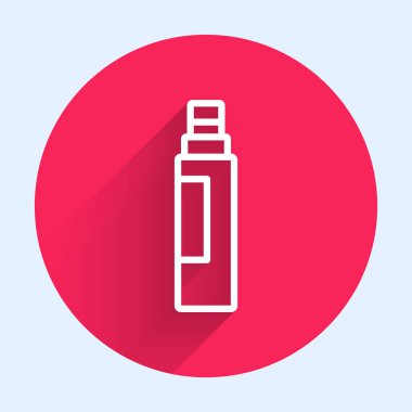 Beyaz çizgi kalem simgesi uzun gölgeyle izole edildi. Kırmızı daire düğmesi. Vektör.