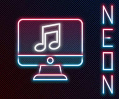 Ekran simgesinde nota sembolü olan parlak neon hattı Bilgisayar siyah arkaplanda izole edildi. Renkli taslak konsepti. Vektör İllüstrasyonu.