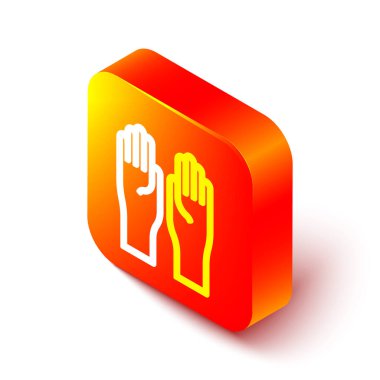 İzometrik çizgili lastik eldiven simgesi beyaz arkaplanda izole edilmiş. Lateks el koruması işareti. Ev işi temizlik ekipmanları sembolü. Turuncu kare düğme. Vektör İllüstrasyonu.