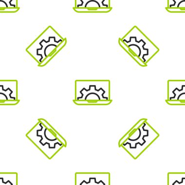 Line Yazılım, Web Geliştirme, programlama konsepti simgesi beyaz arkaplanda izole edilmiş kusursuz desen. Programlama dili ve program kodu ekranda. Vektör.