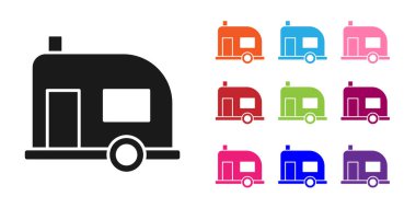 Siyah Rv Kamp karavanı simgesi beyaz arkaplanda izole edildi. Gezici ev, karavan, yolculuk için ev karavanı. Simgeleri renklendirin. Vektör İllüstrasyonu.