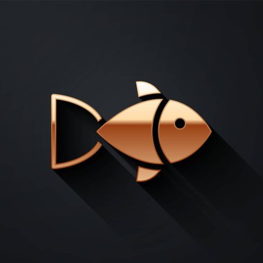 Altın Balık simgesi siyah arkaplanda izole edildi. Uzun gölge tarzı. Vektör.