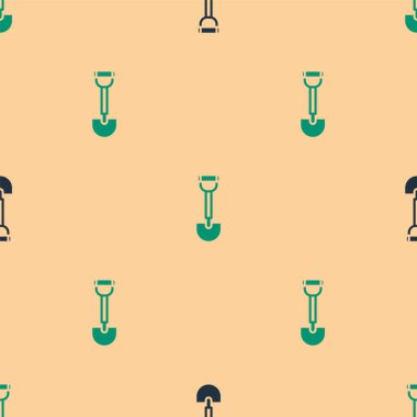 Askerler için yeşil ve siyah istihkamcı küreği bej arka planda izole edilmiş pürüzsüz desen. Vektör.