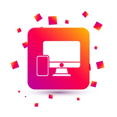 Beyaz bilgisayar monitörü ve cep telefonu simgesi beyaz arkaplanda izole edildi. İnternetten kazanç, pazarlama. Kare renk düğmesi. Vektör.