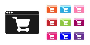 Beyaz zemin üzerinde izole edilmiş Siyah Online ekran simgesi alışverişi. Konsept e-ticaret, e-ticaret, online iş pazarlama. Simgeleri renklendirin. Vektör.