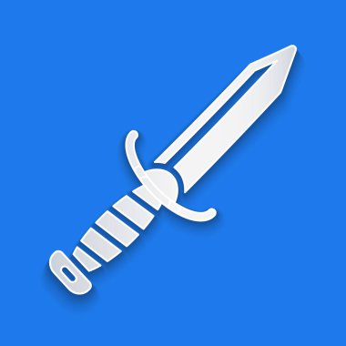 Kağıt kesiği askeri bıçak ikonu mavi arka planda izole edilmiş. Kağıt sanatı tarzı. Vektör.