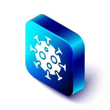 Beyaz arkaplanda izole edilmiş Isometric Virüs simgesi. Corona virüsü 2019-nCoV. Bakteri ve mikroplar, hücre kanseri, mikrop, mantar. Mavi kare düğme. Vektör.