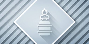 Kağıt kesiği, gri arka planda izole edilmiş gaz ocağı ikonu. Taşınabilir gaz ocağı. Yürüyüş, kamp malzemeleri. Kağıt sanatı tarzı. Vektör.