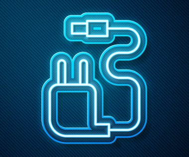 Parlayan neon hattı Charger simgesi mavi arkaplanda izole edildi. Vektör İllüstrasyonu.